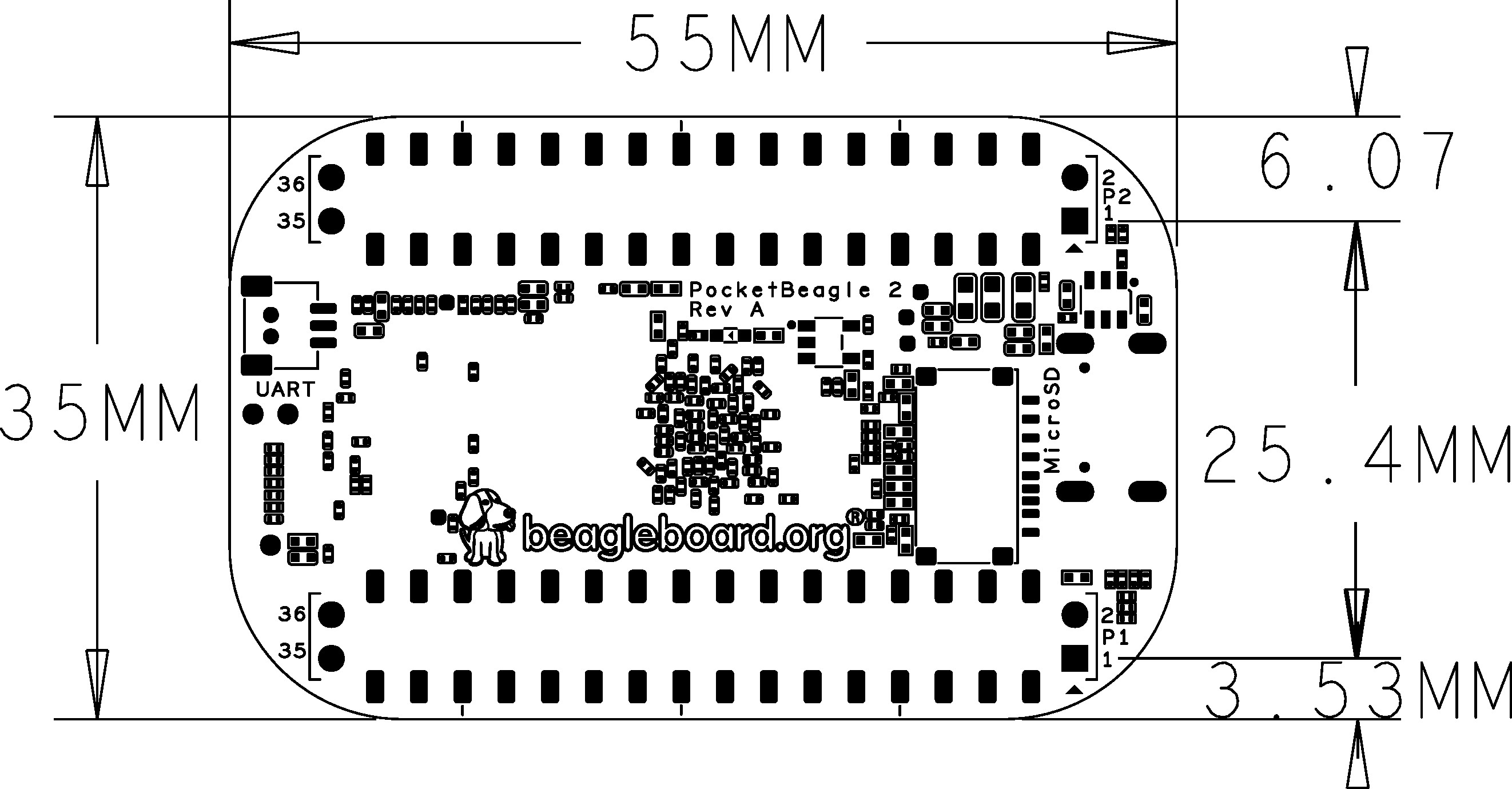 PocketBeagle2 RevA Dimensions