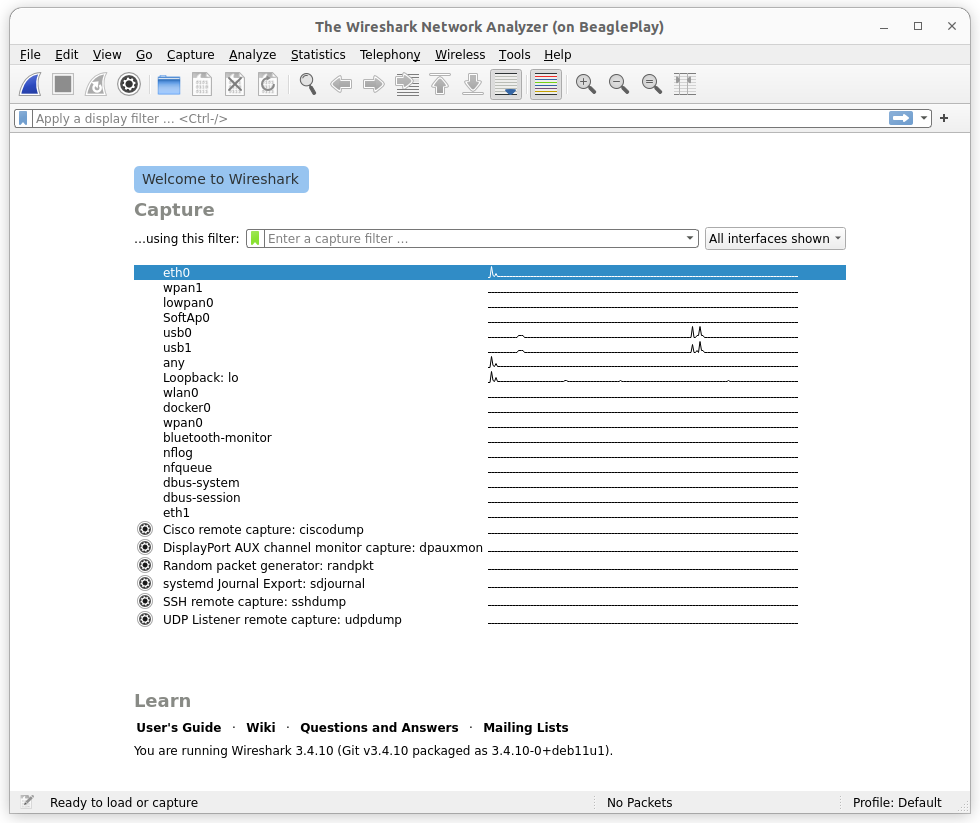 Wireshark start screen